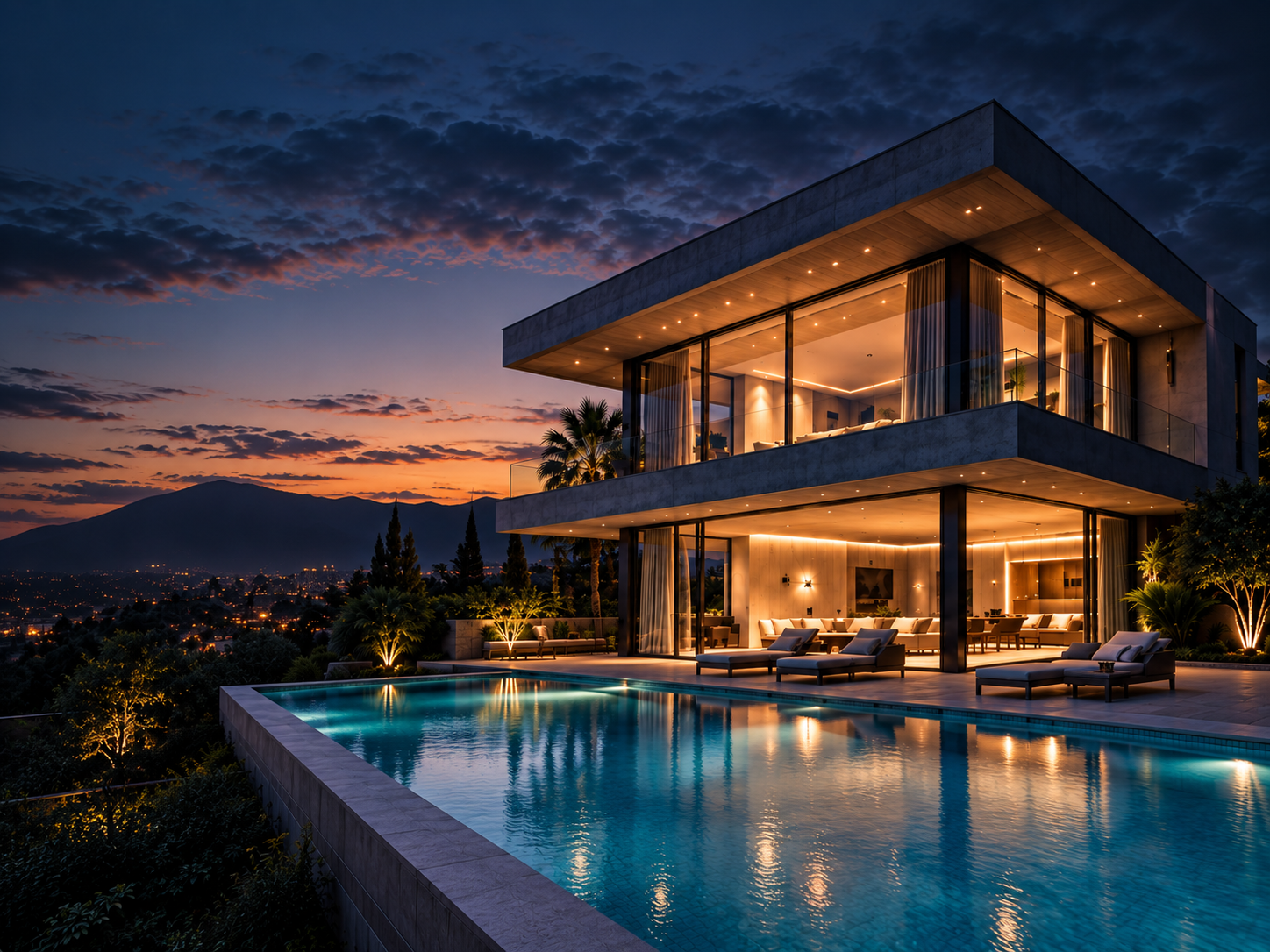 Residência contemporânea com piscina ao entardecer
